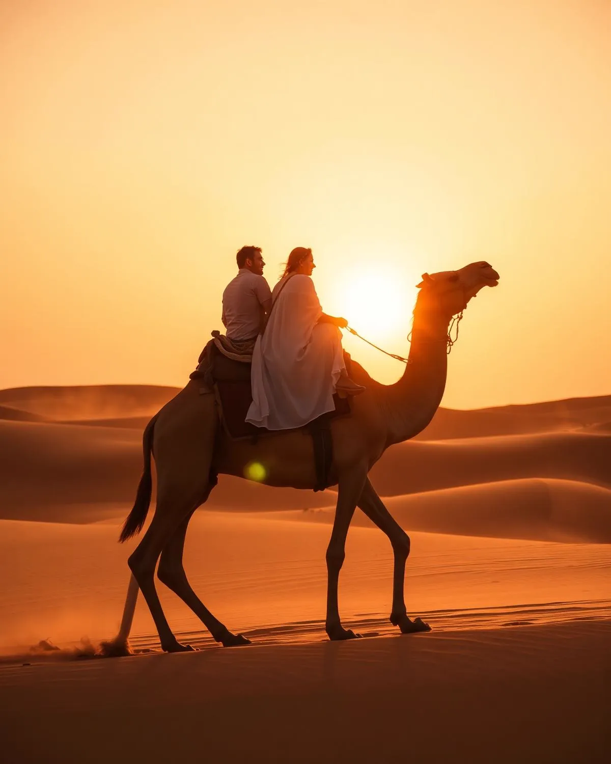 Guests on a guided camel ride across Al Khatim dunes at golden hour, Abu Dhabi desert