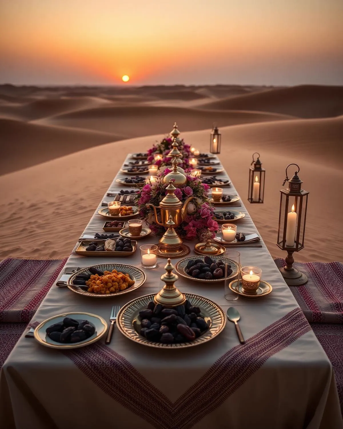 Long Arabic dining table with live Emirati food stations, dates, mezze and Arabic coffee service in the desert